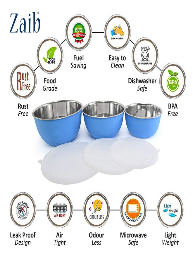 Zaib Microwave Safe Stainless Steel Food Storage Container Set | Snack Serving Containers for Kitchen |, Serving Bowl Set with Lid (Blue Plain, 3) - Image 3